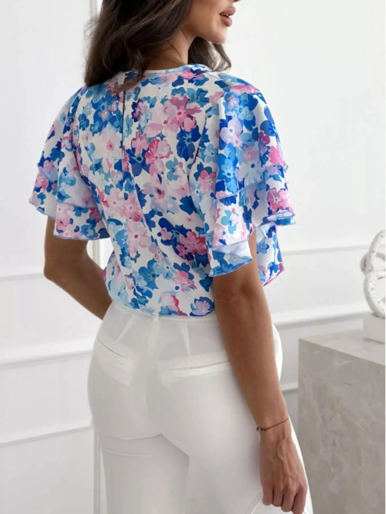 Floral Print Ruffle Sleeve Blouse by Trendsi