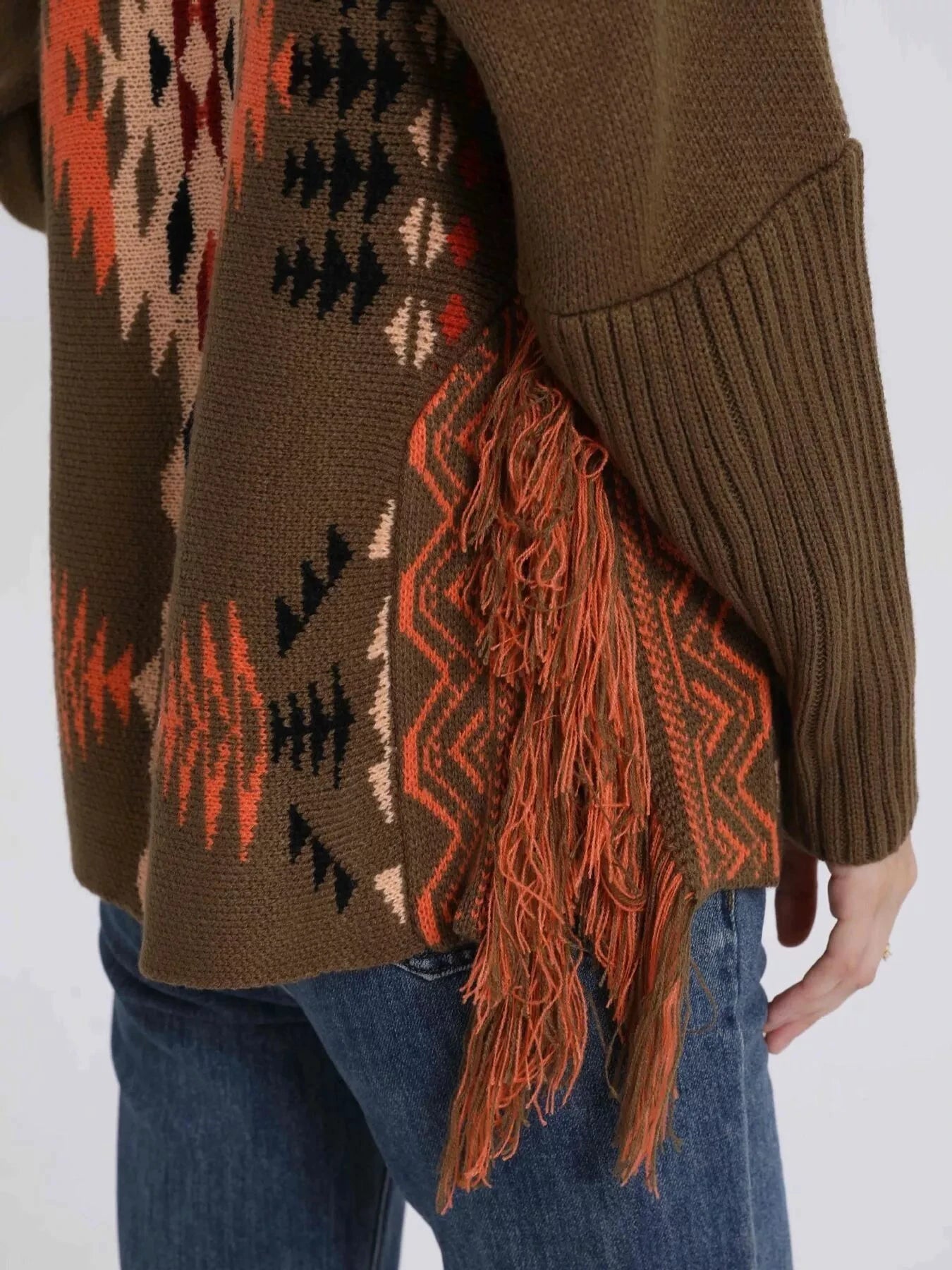 Geometric Pattern Fringe Sweater by Trendsi