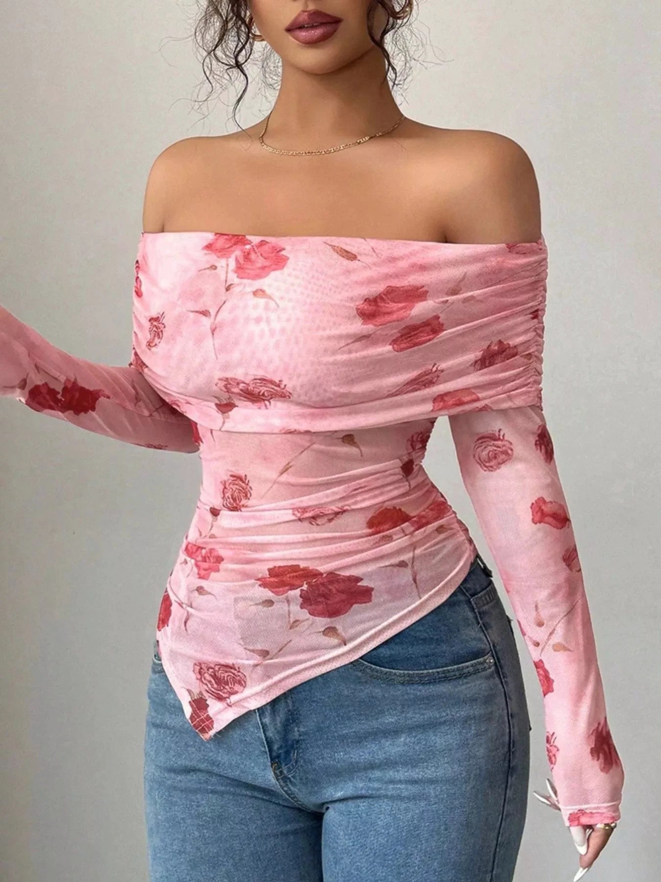 Floral Print Off-Shoulder Mesh Top by Trendsi