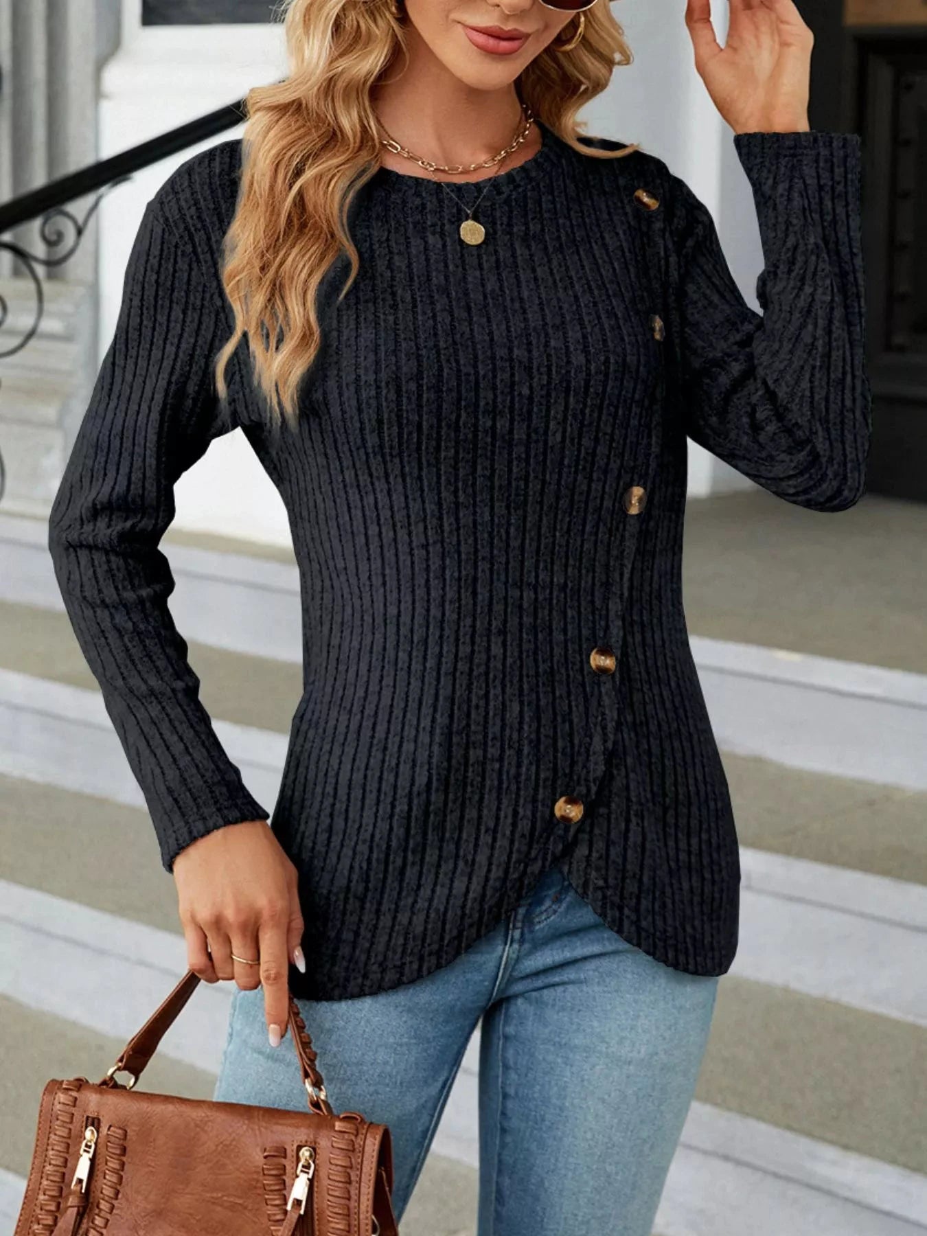 Ribbed Knit Decor Button T-Shirt by Trendsi