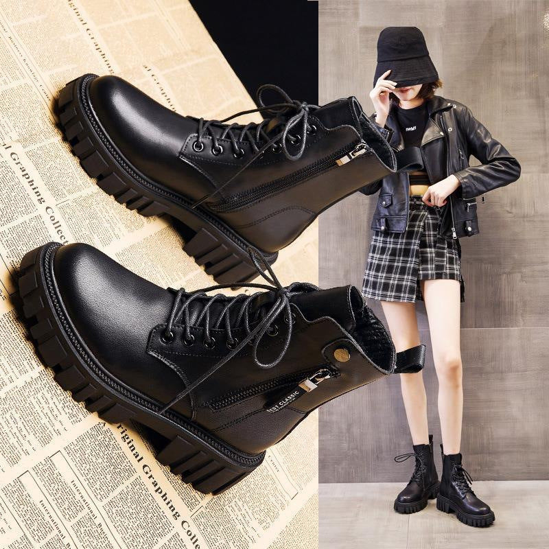 Womens Black Chunky-Soled Ankle Boots With Side Zipper