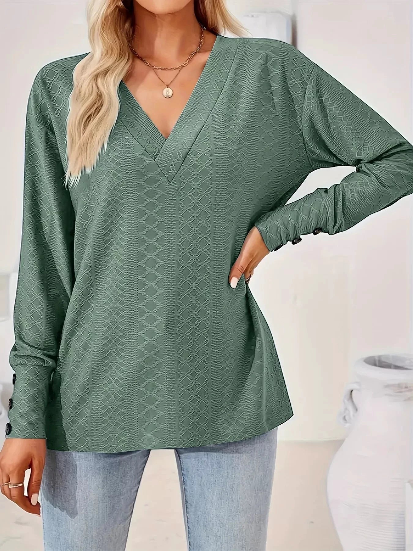 Plus Size V-Neck Textured Long Sleeve T-Shirt by Trendsi