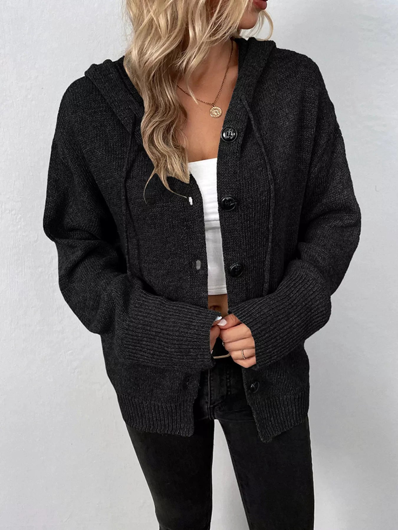 Full Size Cozy Knit Hooded Button-Down Cardigan Plus Size by Trendsi