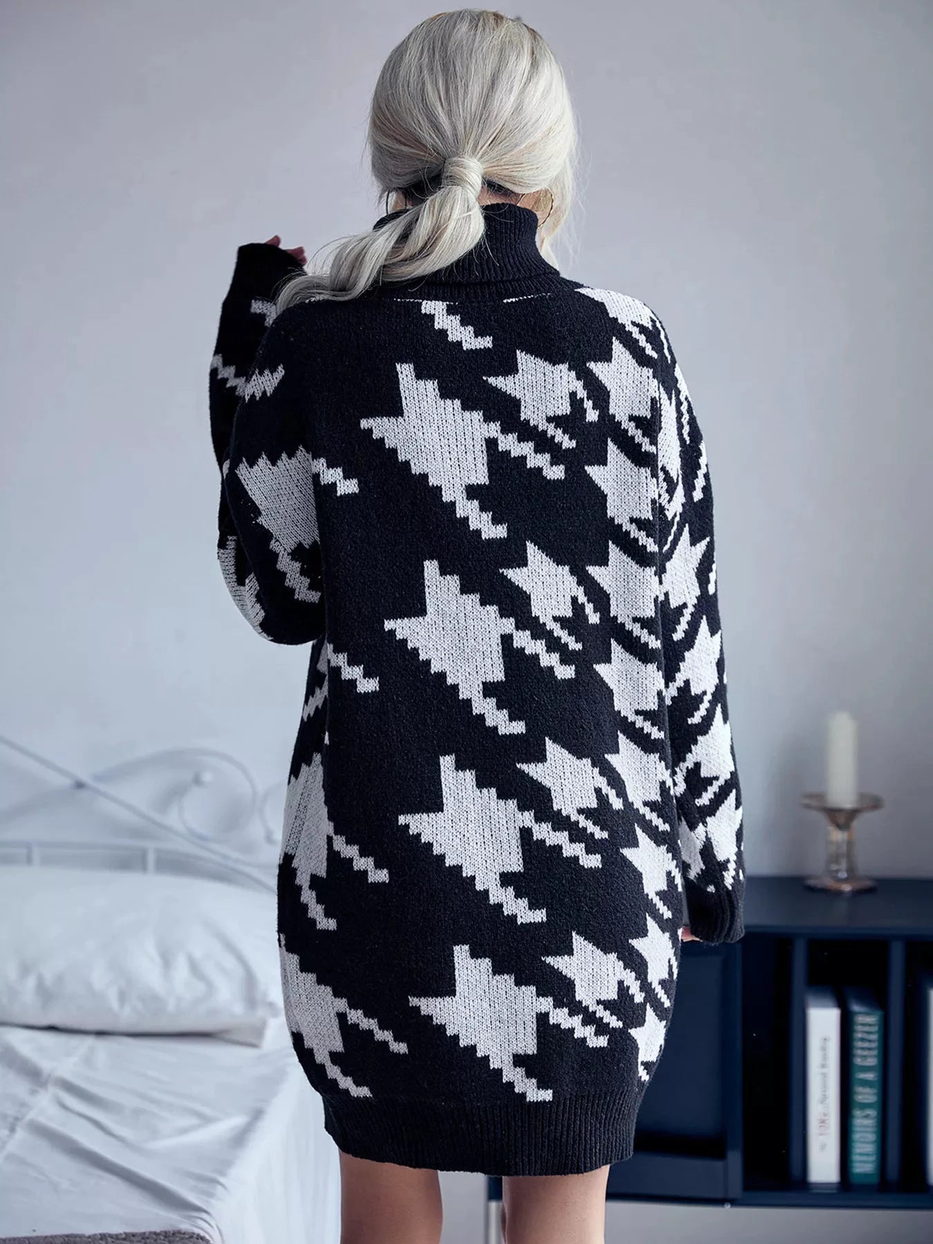 Houndstooth Pattern Turtleneck Sweater Dress by Trendsi