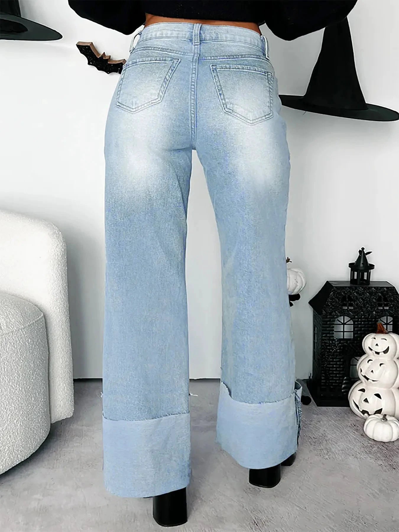 High-Waisted Wide-Leg Jeans with Cuffed Hem by Trendsi