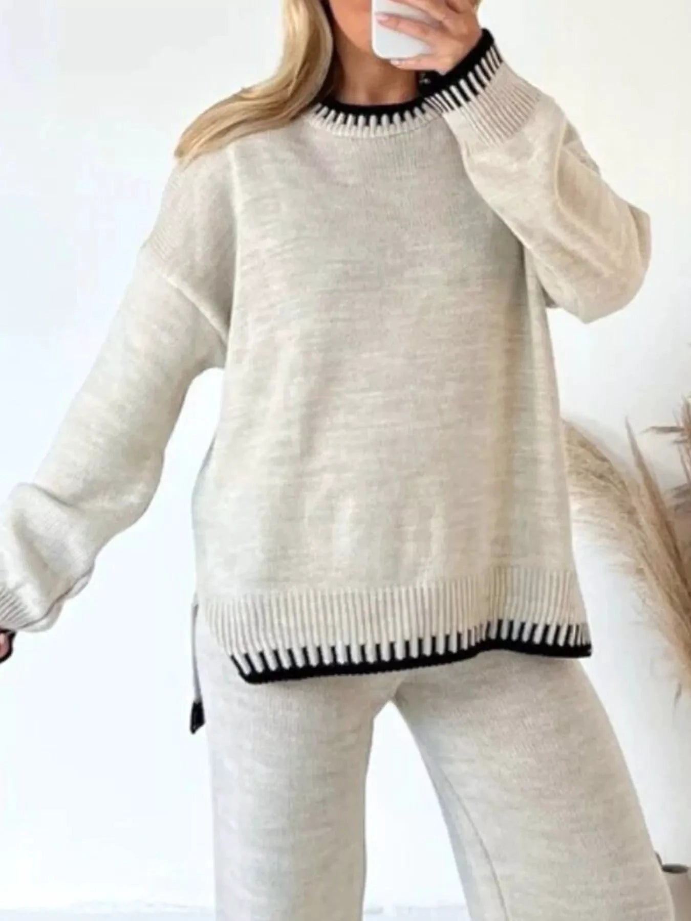Contrast Trim Round Neck Top and Pants Sweater Set by Trendsi