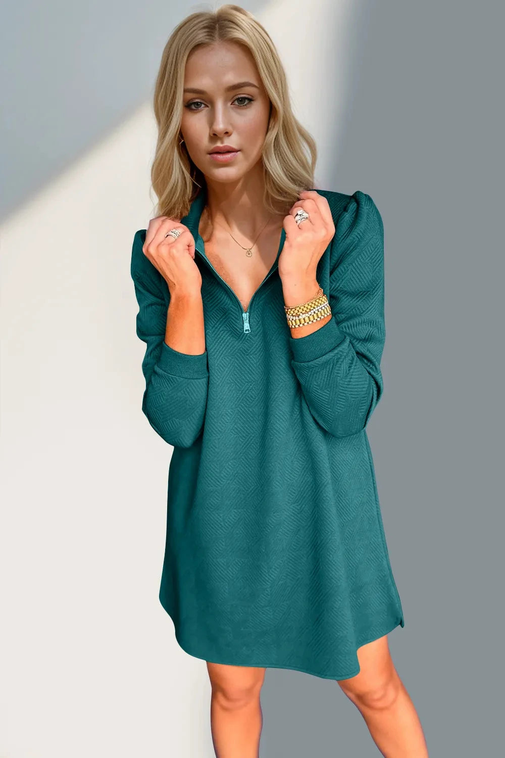 Double Take Textured Quarter Zip Long Sleeve Dress by Trendsi