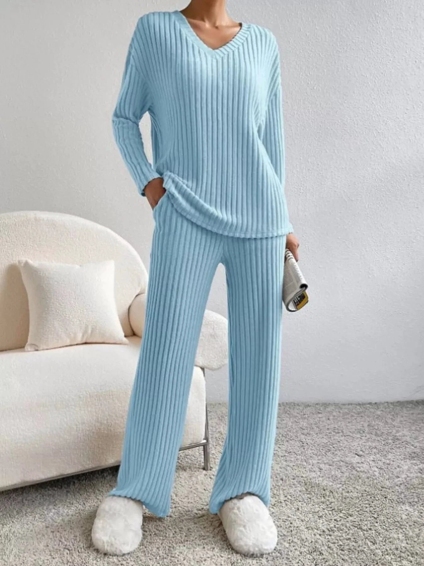 Ribbed Knit V-Neck Top and Pants Set by Trendsi