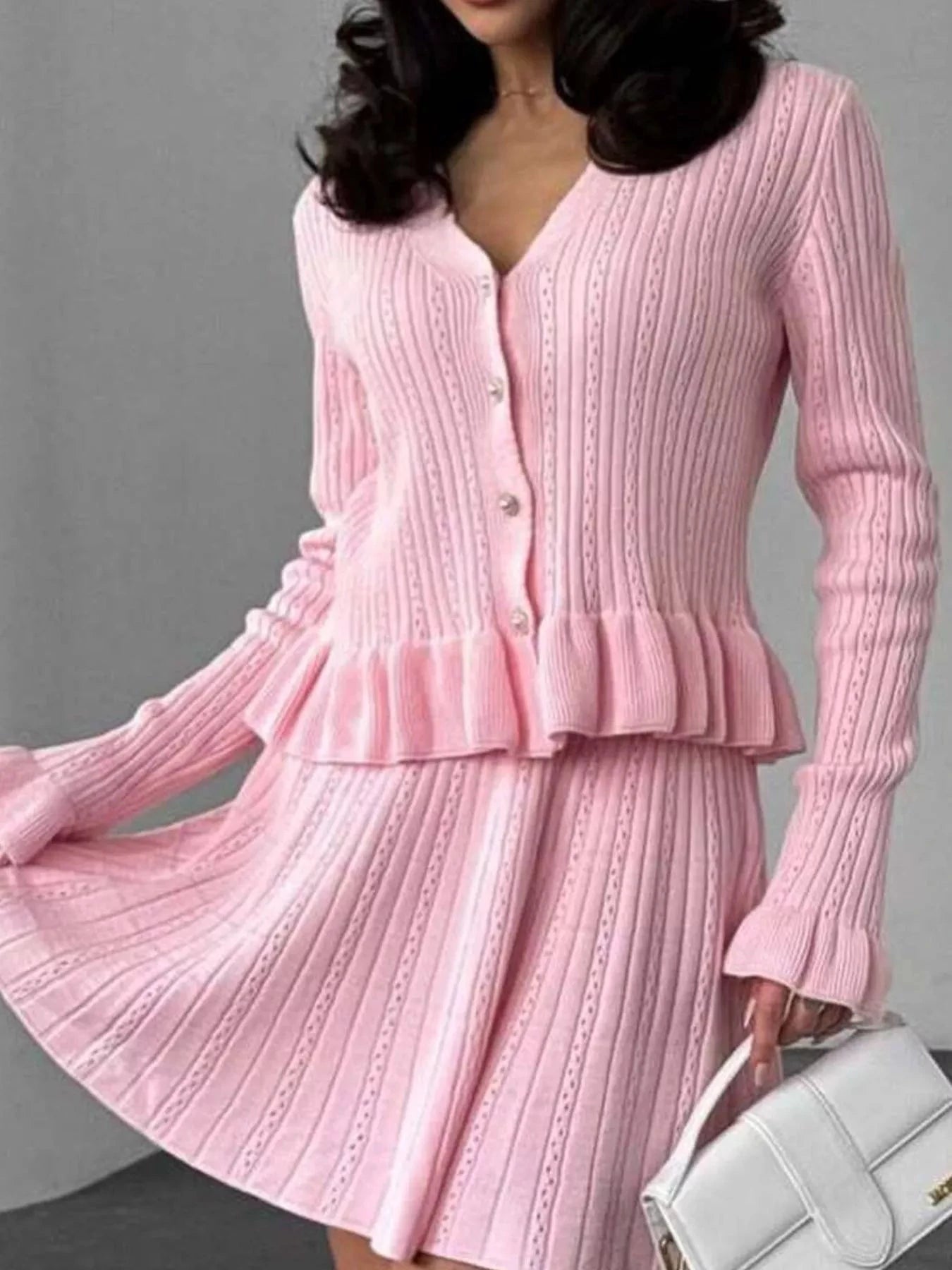 Ruffle Trim Knit Cardigan & Skirt Set by Trendsi