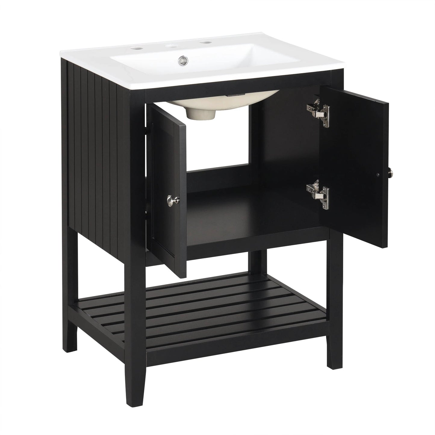 24" Black Modern Sleek Bathroom Vanity Elegant Ceramic Sink with Solid Wood Frame Open Style Shelf by eprolo