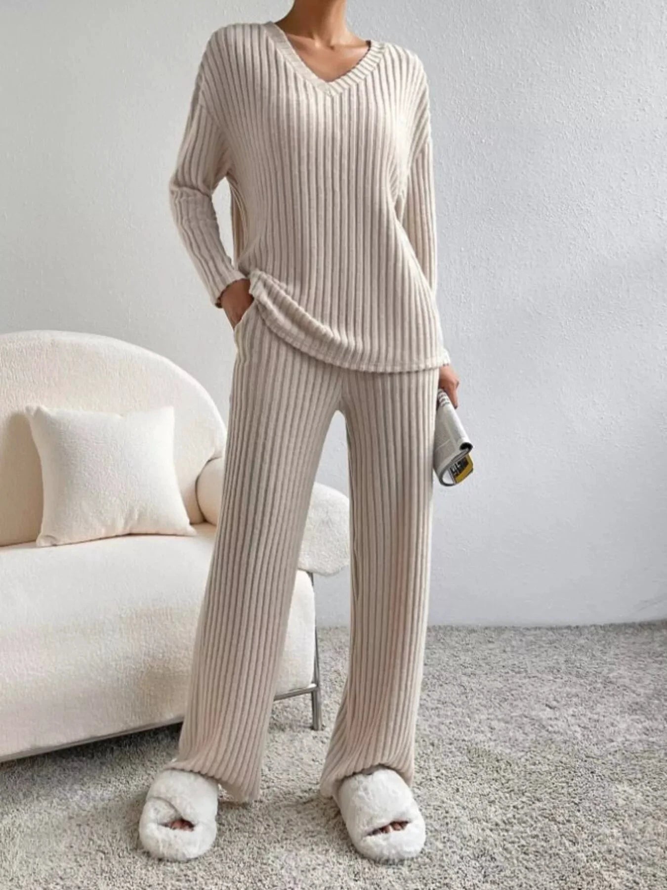Ribbed Knit V-Neck Top and Pants Set by Trendsi