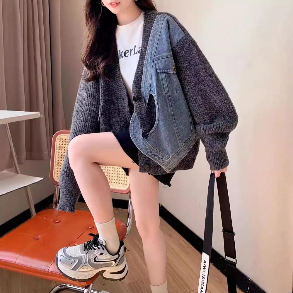 Designer-style Short Knit Denim Patchwork Cardigan for Women, Casual Loose Fit Sweater Coat by eprolo
