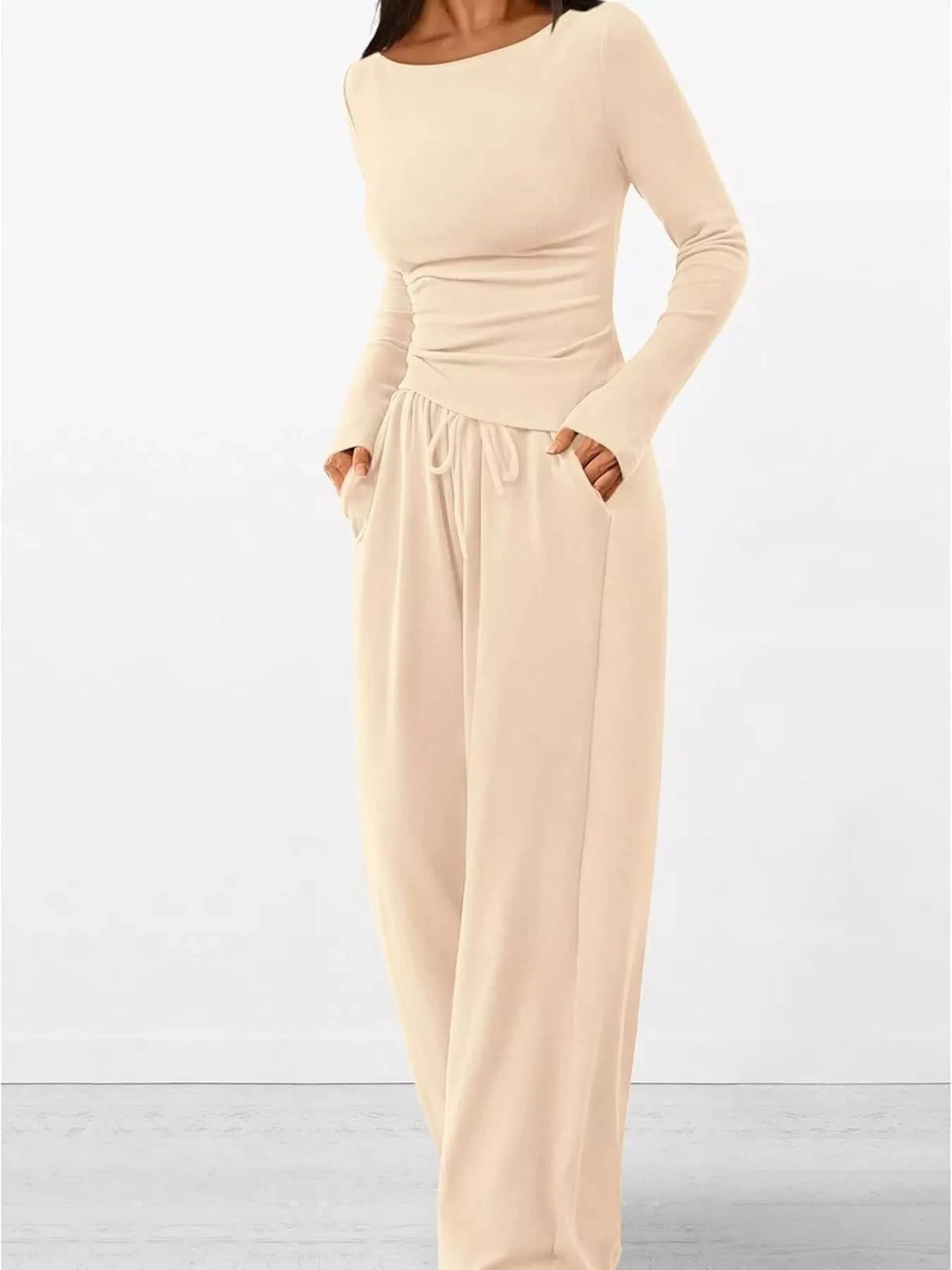 Long Sleeve Top and Wide Leg Pants Set by Trendsi