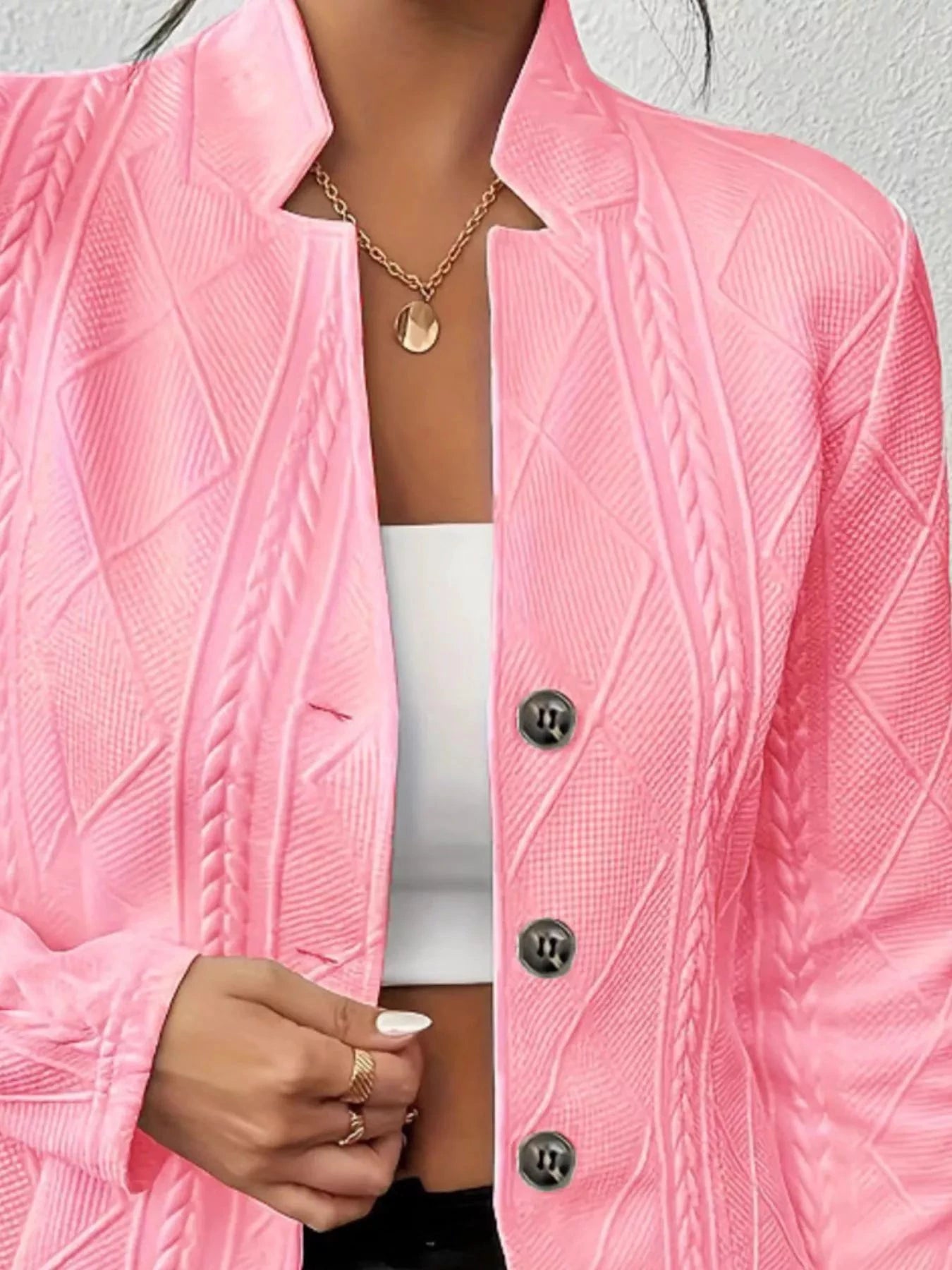 Textured Knit Button-Front Blazer by Trendsi