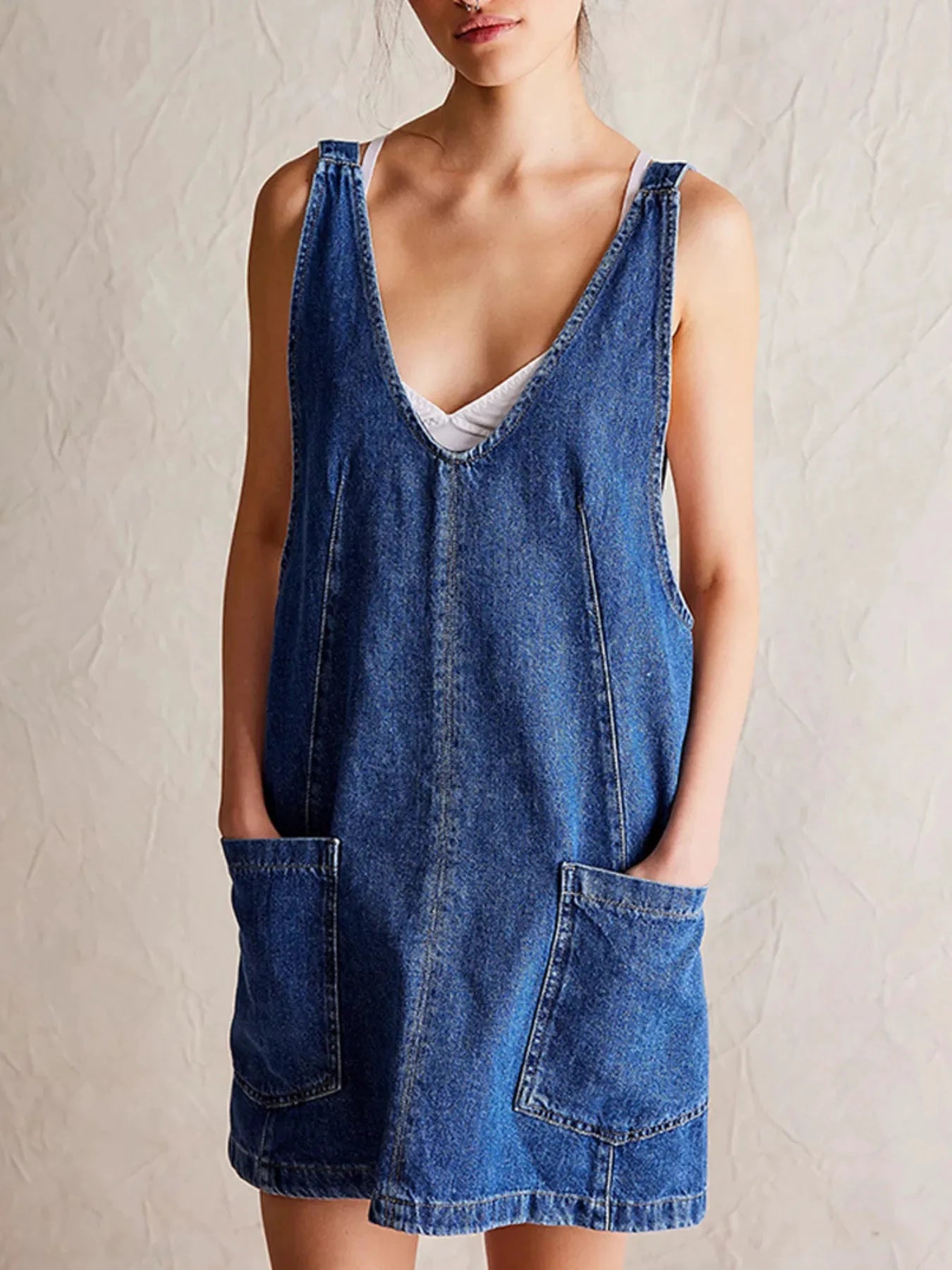 Oversized V-Neck Denim Tank Dress with Front Pockets by Trendsi