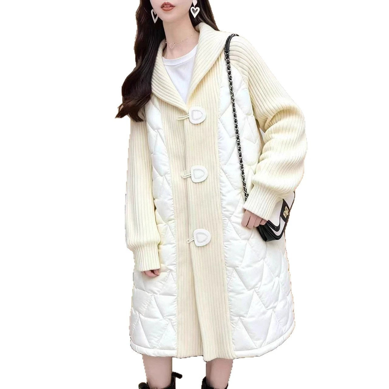 Feminine Knitted Cotton Coat with Disk Buttons, Notched Lapel, Patchwork Cardigan, Casual Loose Oversized European-Style Mid-Length Outerwear by eprolo