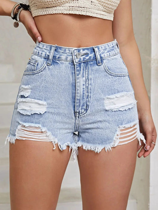 Distressed Raw Hem High Waist Denim Shorts by eprolo