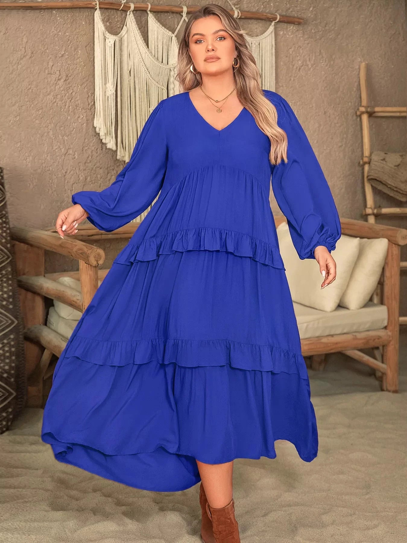Plus Size Balloon Sleeve Ruffle Tiered Flowy Dress by Trendsi