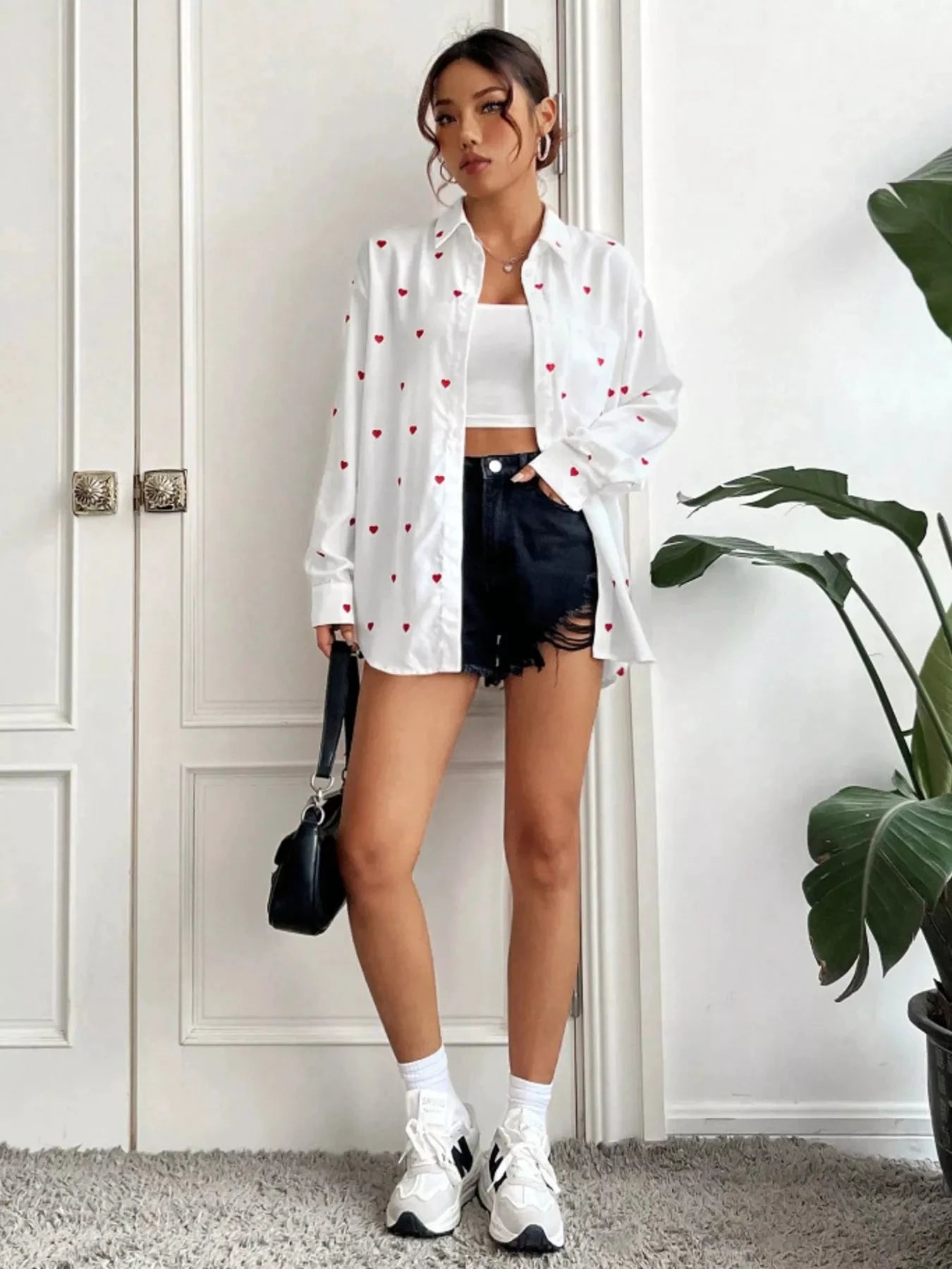 Heart Button Up Oversized Shirt by Trendsi