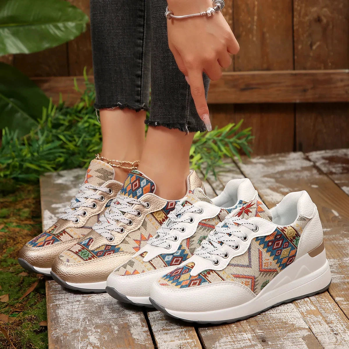 Geometric Lace Up Wedge Sneakers by Trendsi