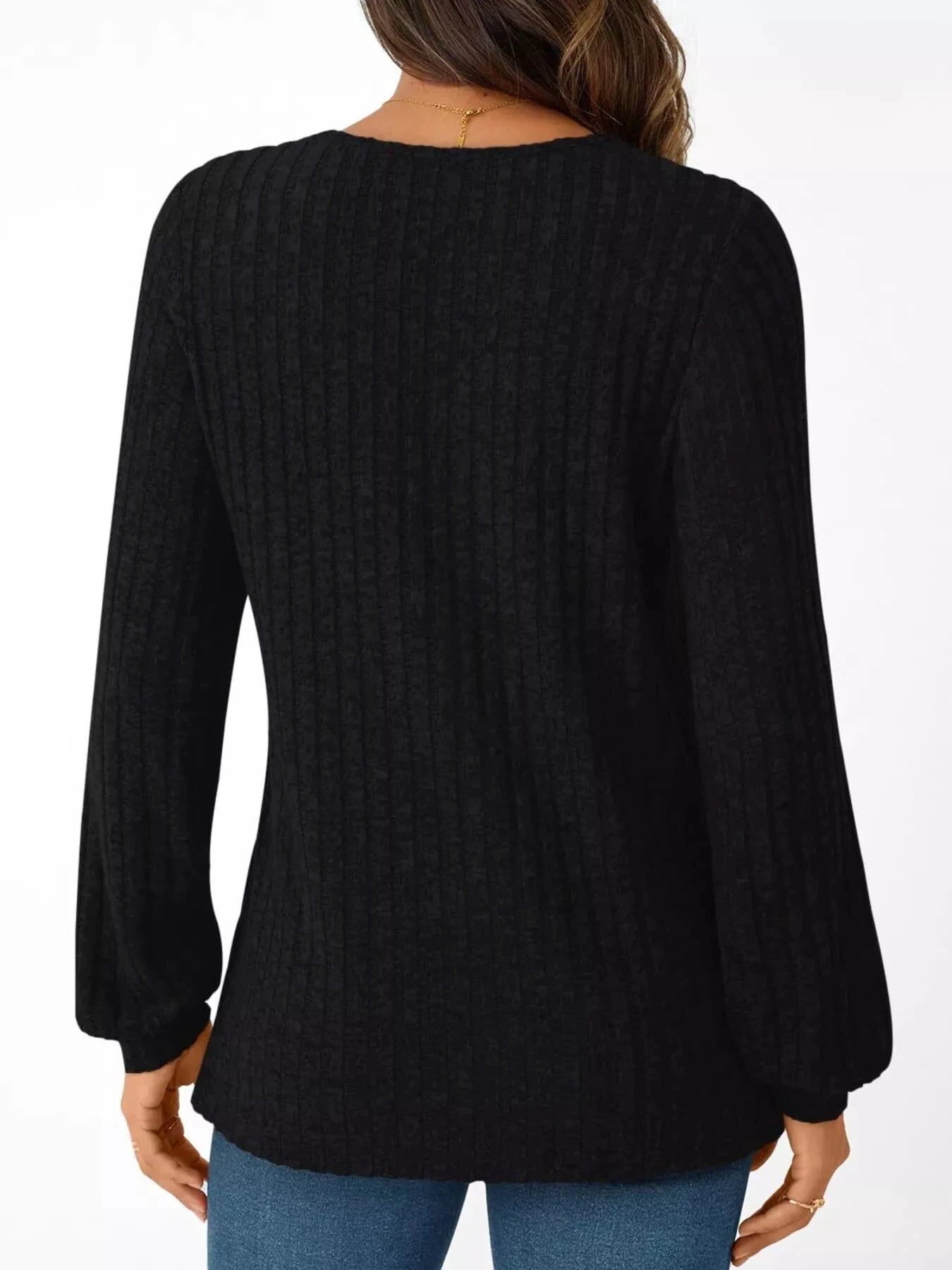 Ribbed Knit V-Neck Long Sleeve T-Shirt by Trendsi