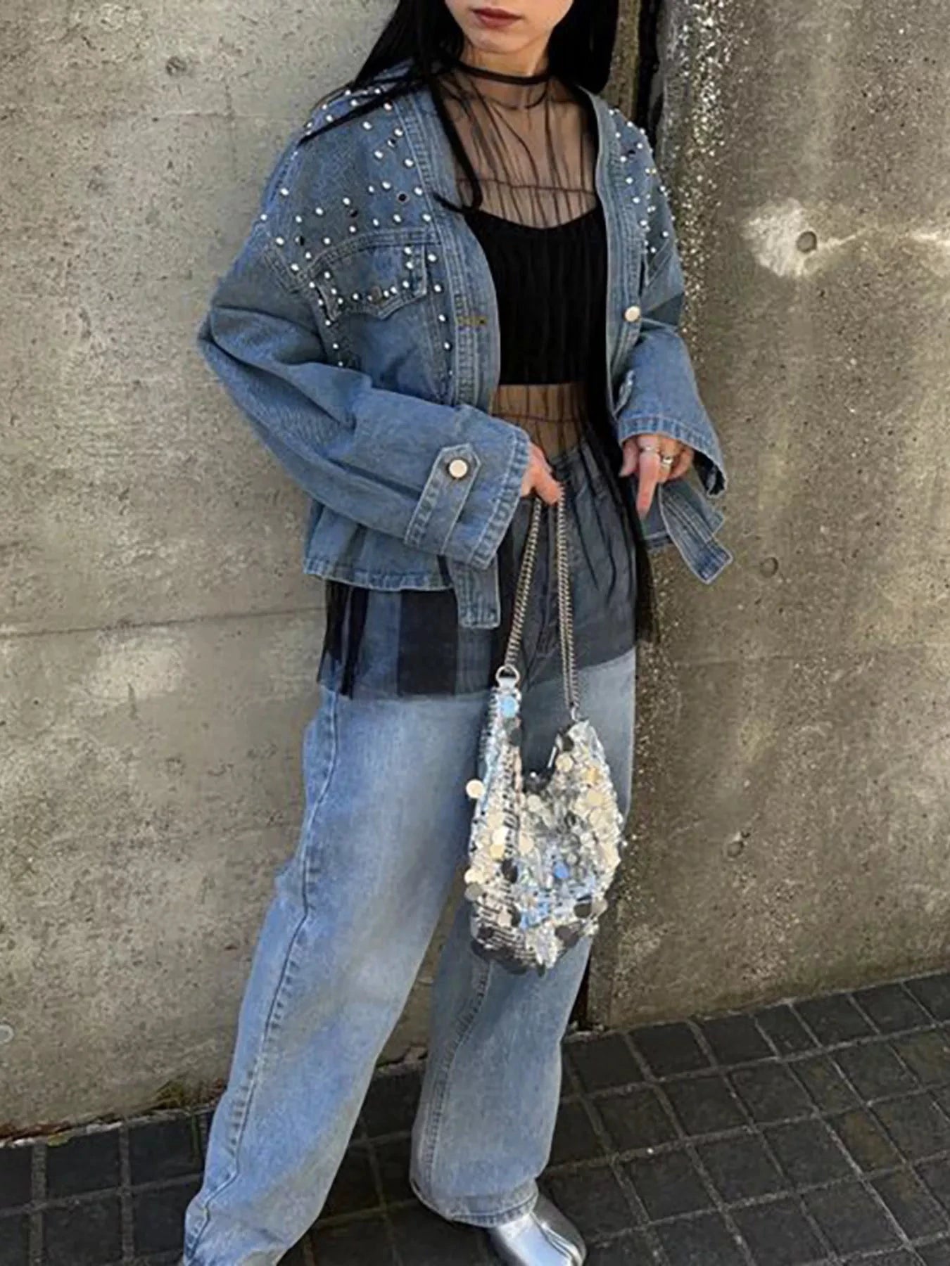 Studded Button Up Denim Jacket by Trendsi