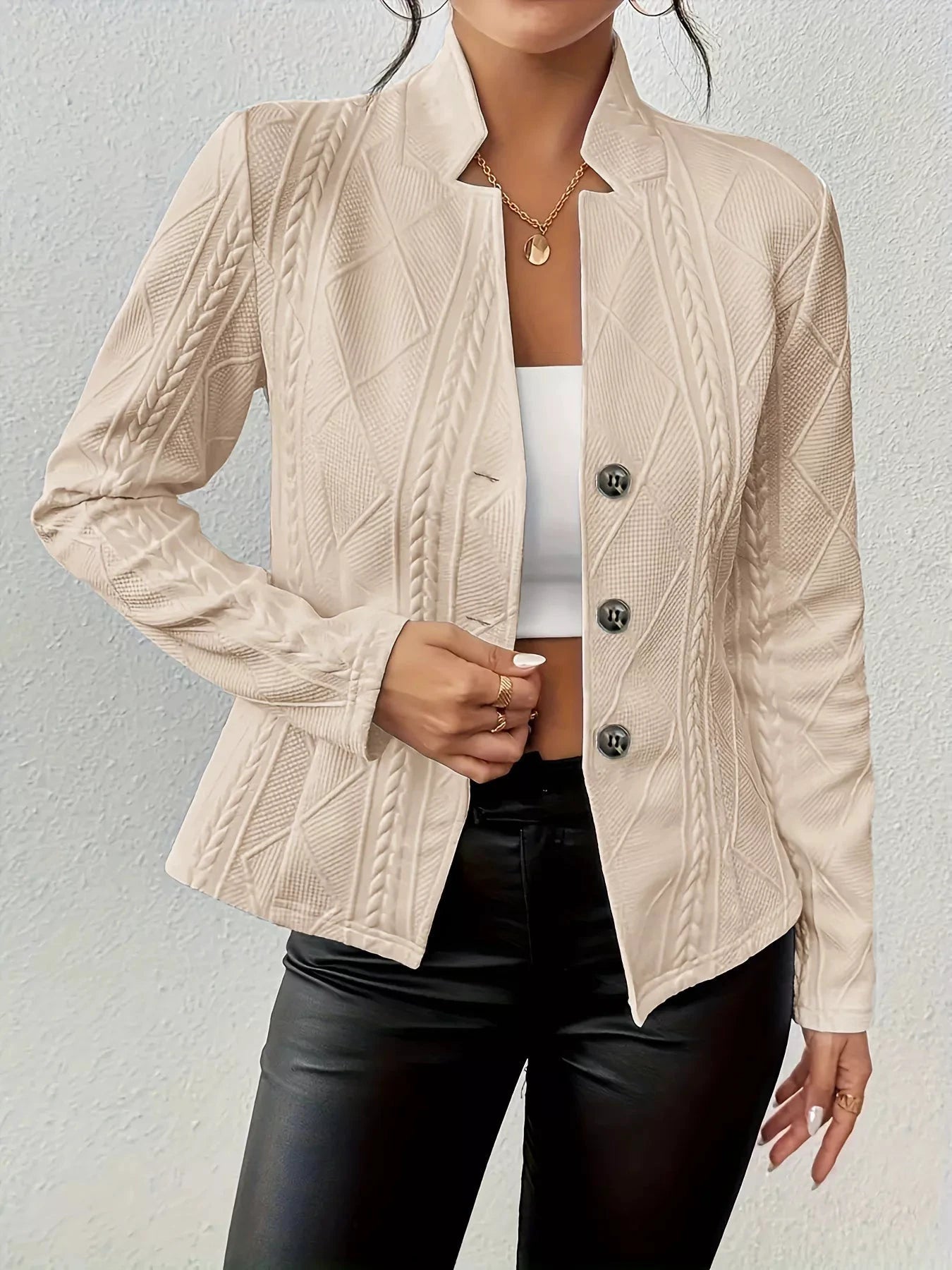Textured Knit Button-Front Blazer by Trendsi