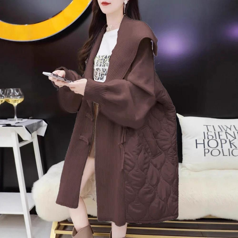 Feminine Knitted Cotton Coat with Disk Buttons, Notched Lapel, Patchwork Cardigan, Casual Loose Oversized European-Style Mid-Length Outerwear by eprolo