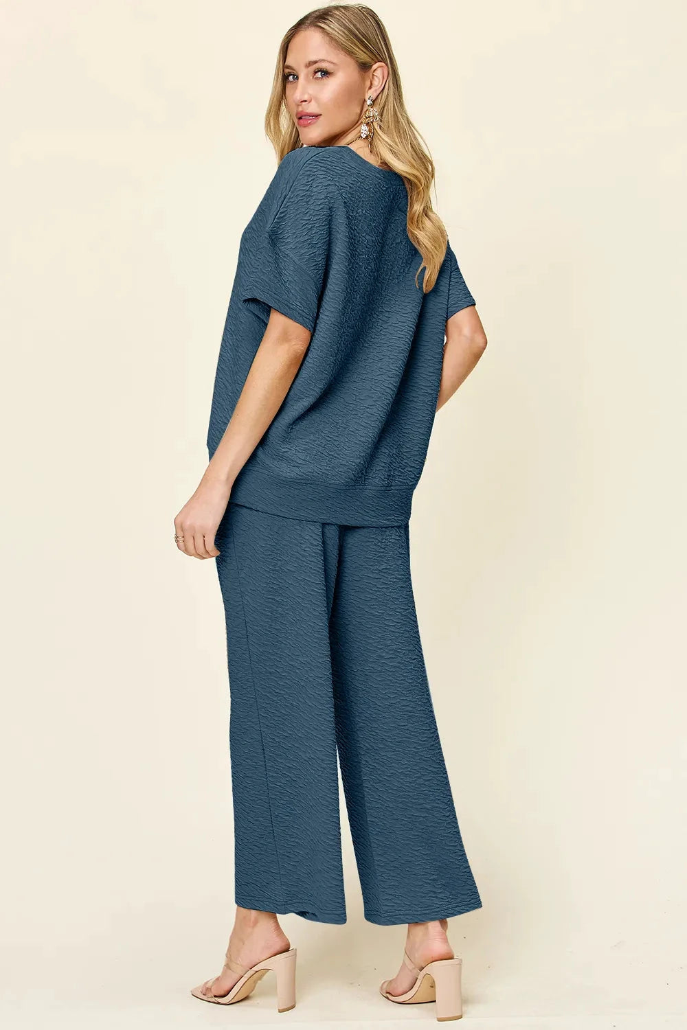 Double Take Full Size Texture Short Sleeve Top and Pants Set by Trendsi