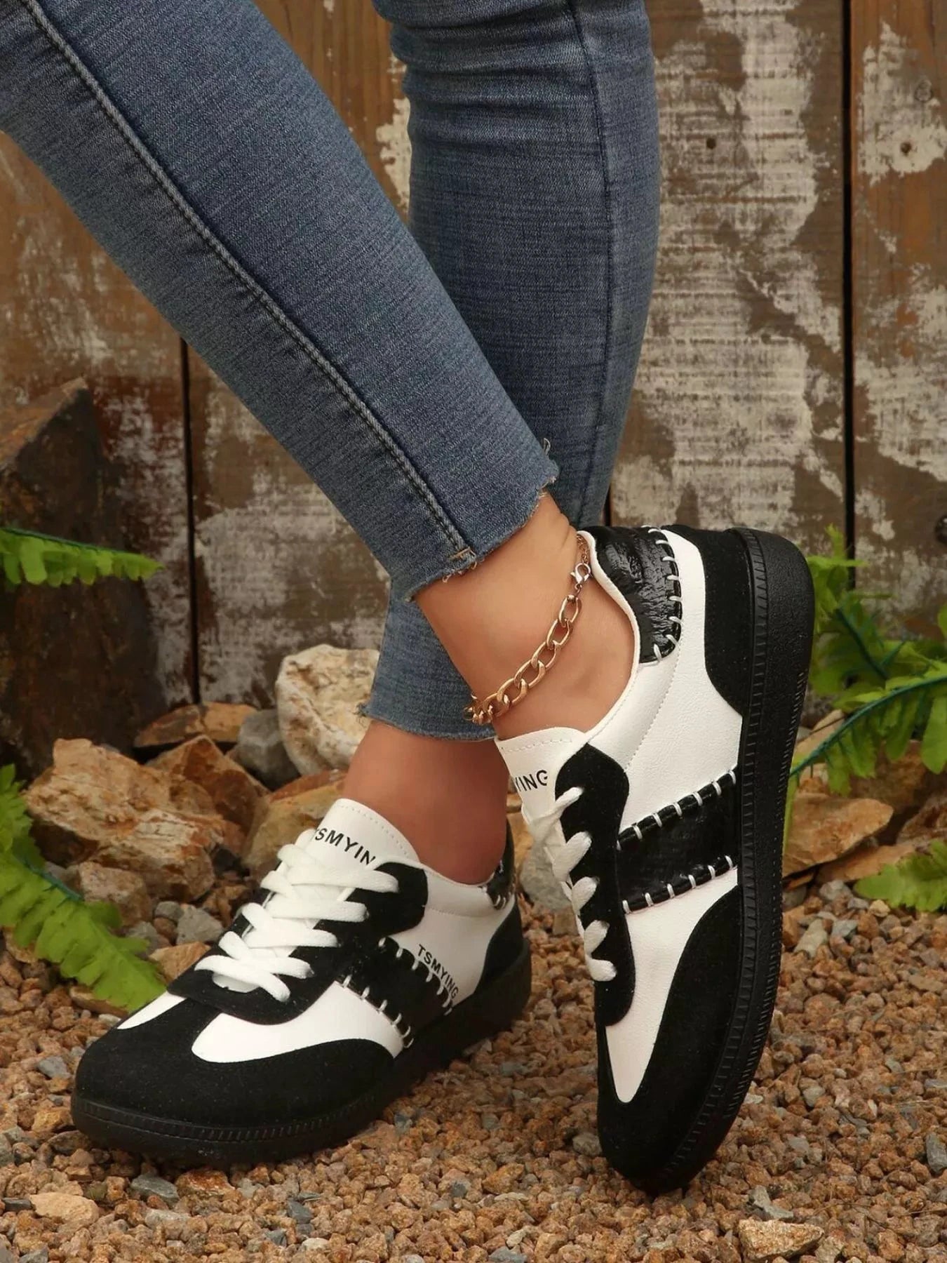 Contrast Lace Up Sneakers by Trendsi