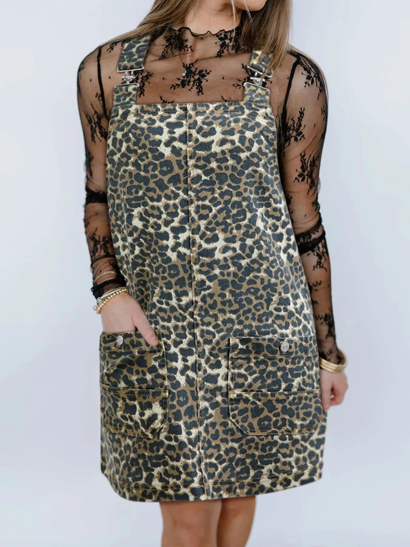 Leopard Print Denim Overall Dress by Trendsi