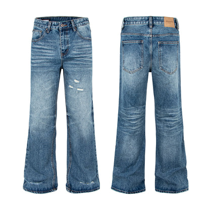 Blue Distressed Cat-Whisker Bamboo Texture Flared Jeans