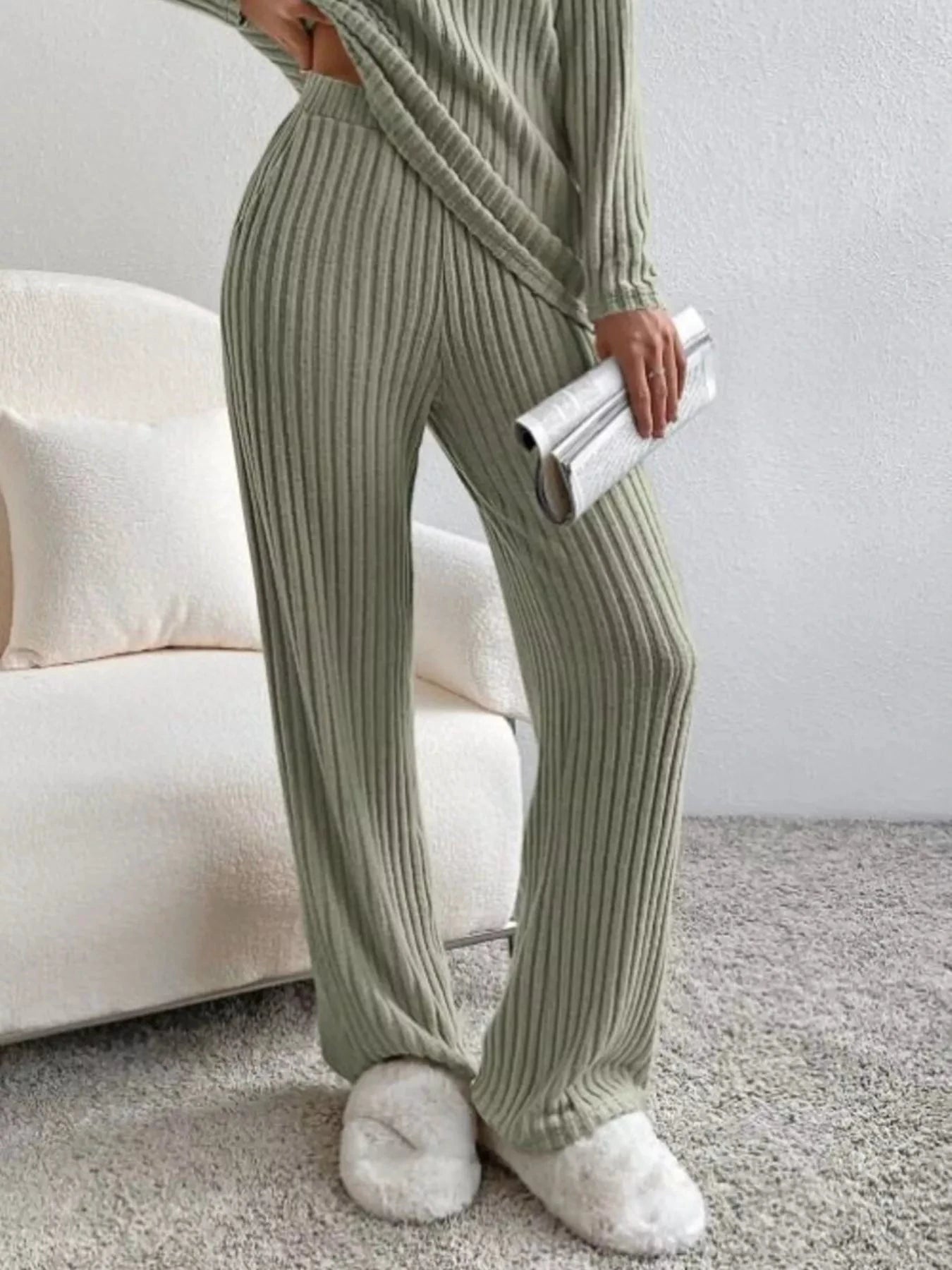 Ribbed Knit V-Neck Top and Pants Set by Trendsi