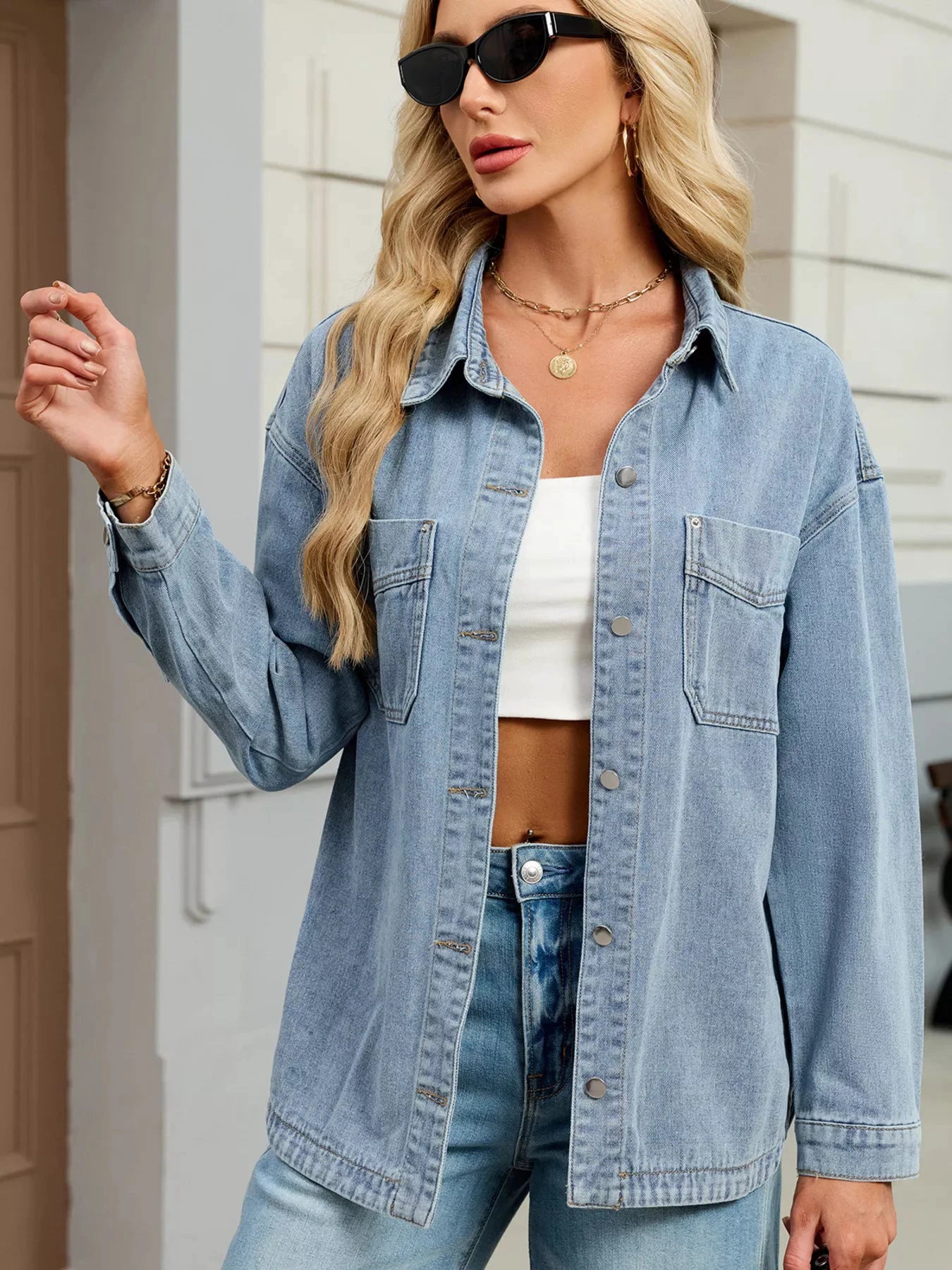 Button Up Dropped Shoulder Denim Jacket by Trendsi