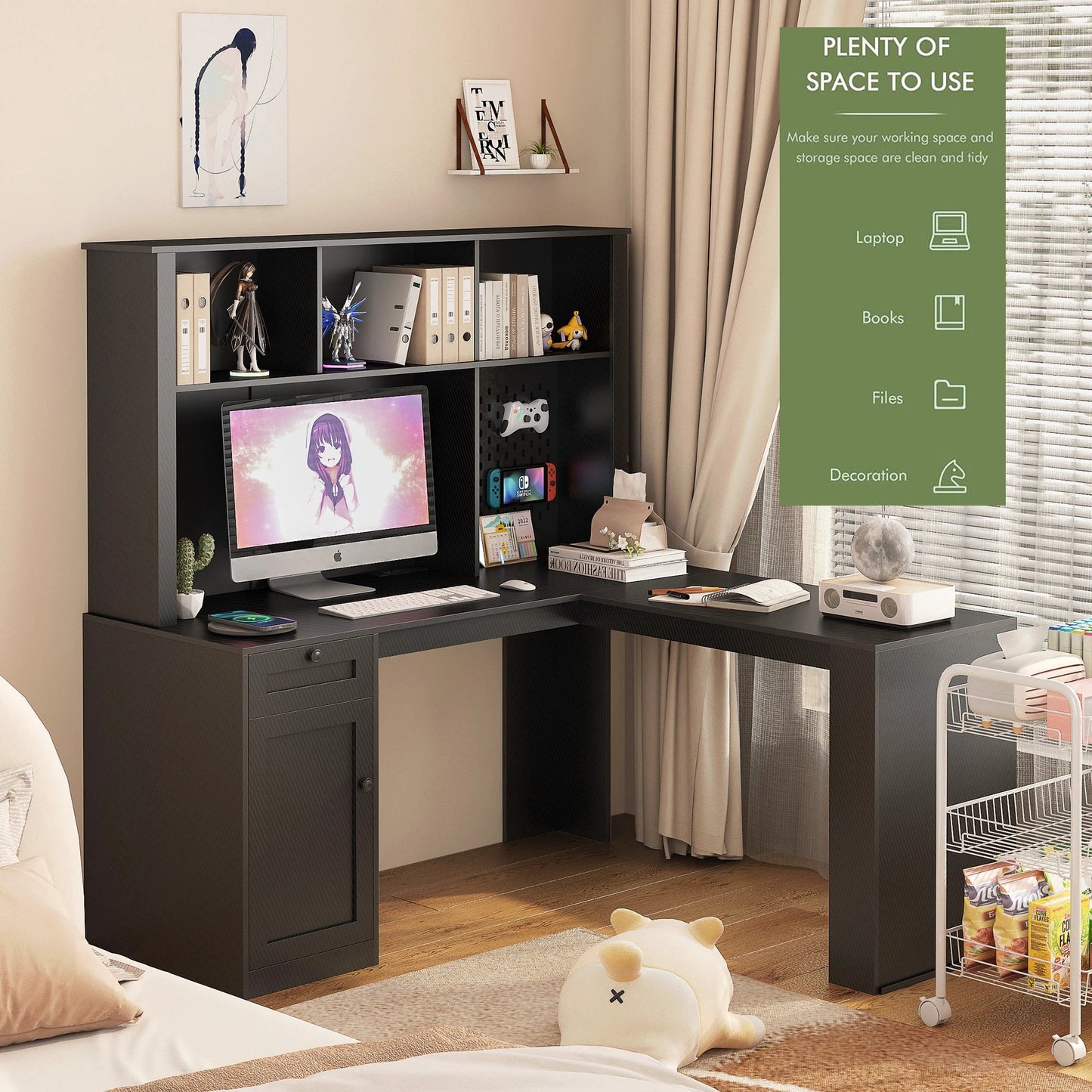 Writing desk with drawer bookshelf and charger, modern L-shaped desk with storage space, corner gaming computer desk by eprolo