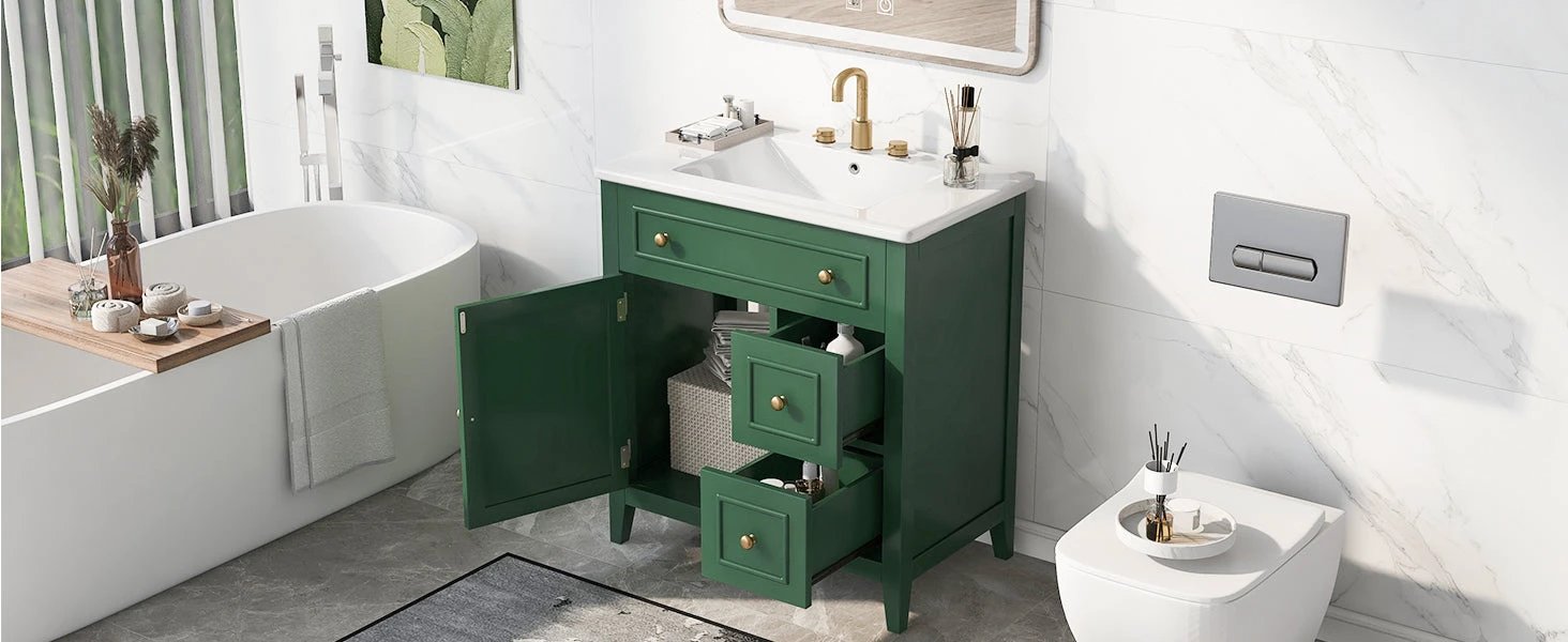 30" Bathroom Vanity with Sink Top, Bathroom Vanity Cabinet with Door and Two Drawers, Solid Wood Frame, One Package, Green by eprolo