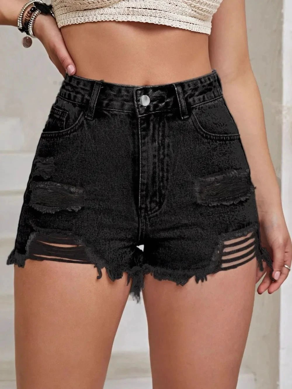 Distressed Raw Hem High Waist Denim Shorts by eprolo