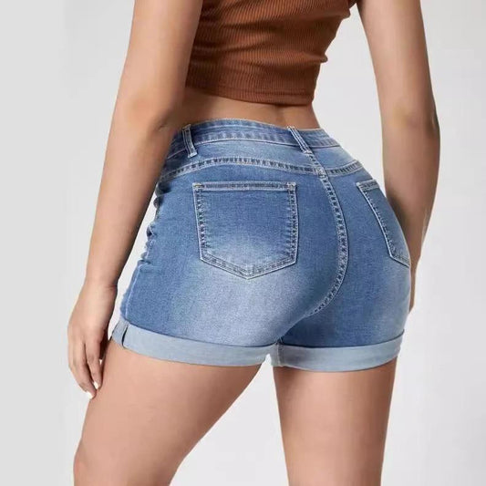 Elastic High-Waist Distressed Cuffed Denim Shorts for Women by eprolo