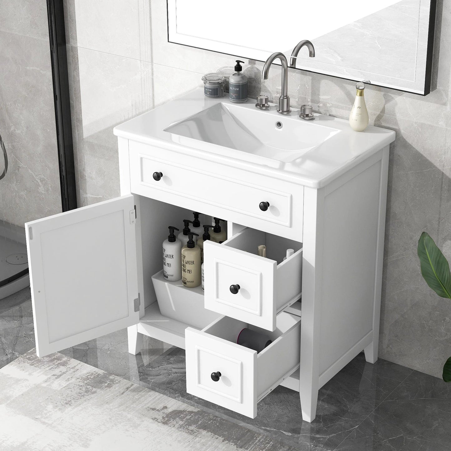 30" Bathroom Vanity with Sink Top, Bathroom Vanity Cabinet with Door and Two Drawers, Solid Wood Frame, One Package, White by eprolo