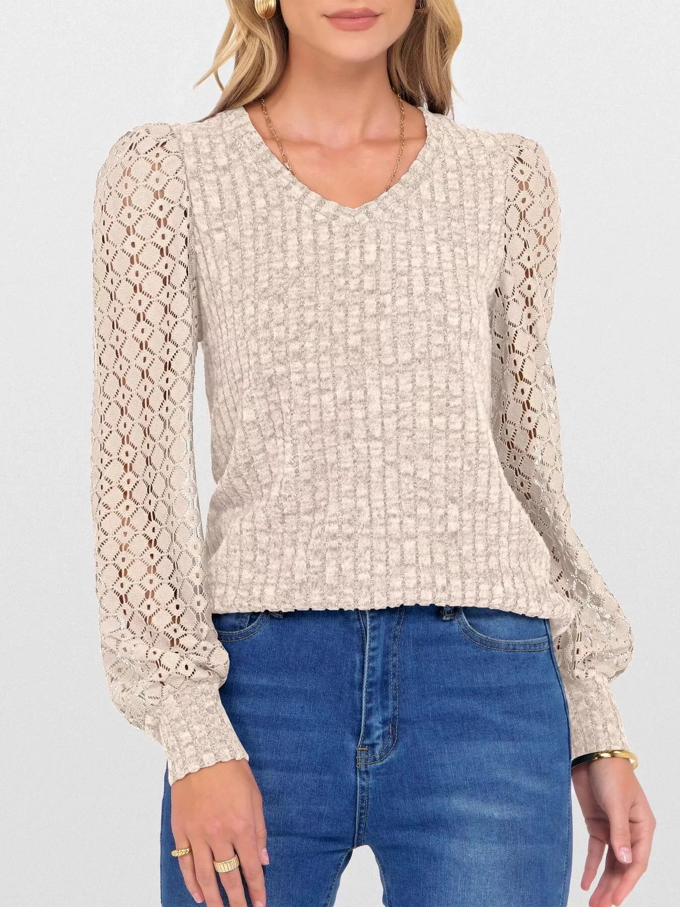 Lace Sleeve V-Neck T-Shirt by Trendsi