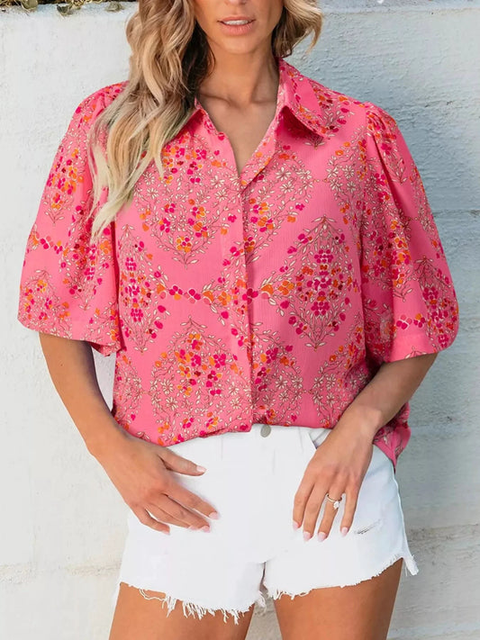 Floral Print Puff Sleeve Shirt by Trendsi