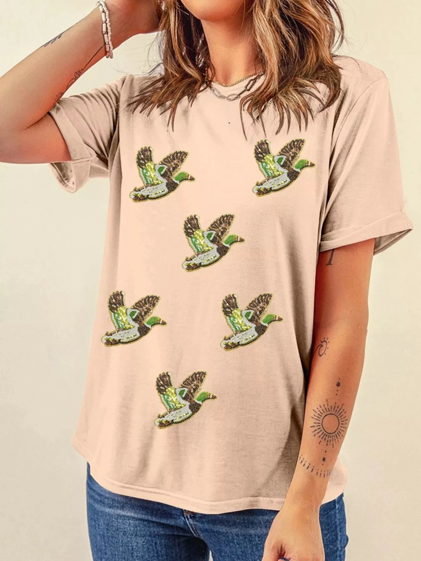 Flying Mallard Sequin Patched Short Sleeve Tee by Trendsi