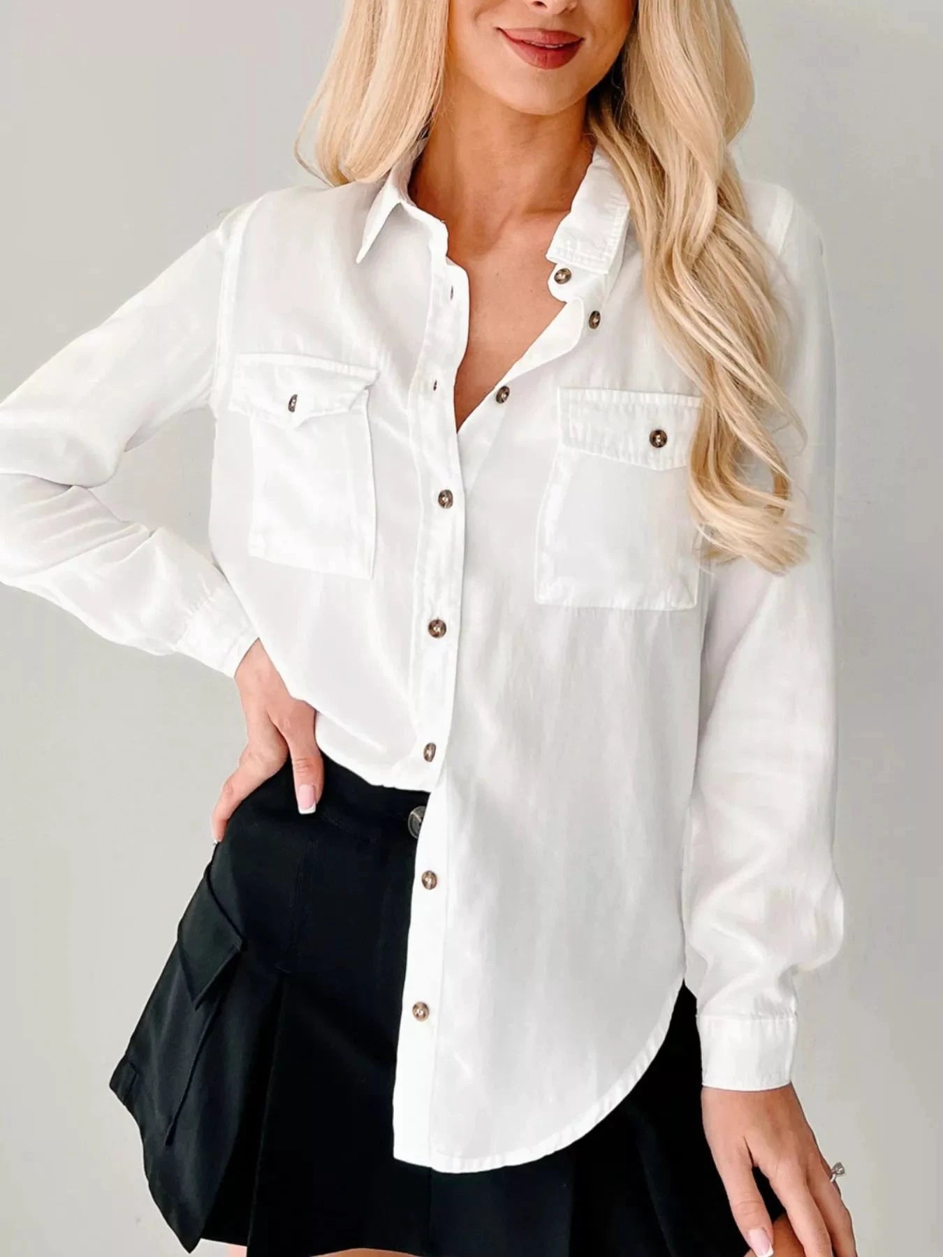 Button-Down Collared Neck Denim Shirt by Trendsi