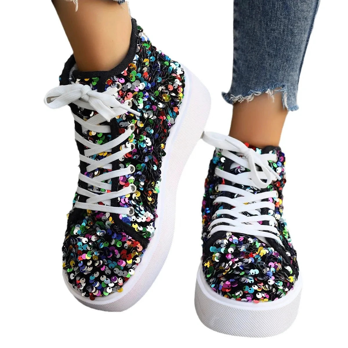 Sequin Round Toe Platform Sneakers by Trendsi