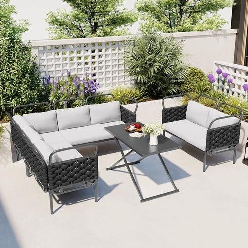 LuneluX_Home – 7-Seater Outdoor Sectional Sofa Set with Glass Table by Jeansdenim.store