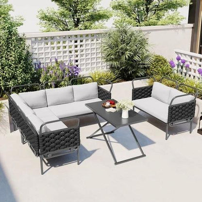 LuneluX_Home – 7-Seater Outdoor Sectional Sofa Set with Glass Table by Jeansdenim.store