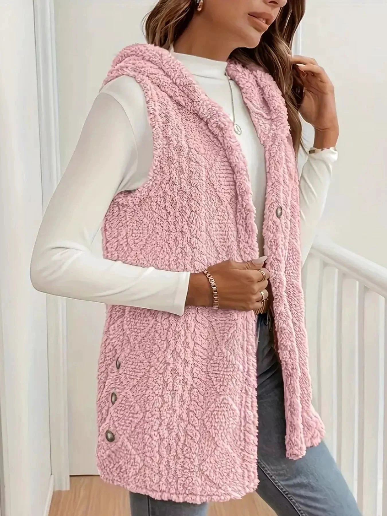 Hooded Button-Up Sherpa Vest Coat by Trendsi