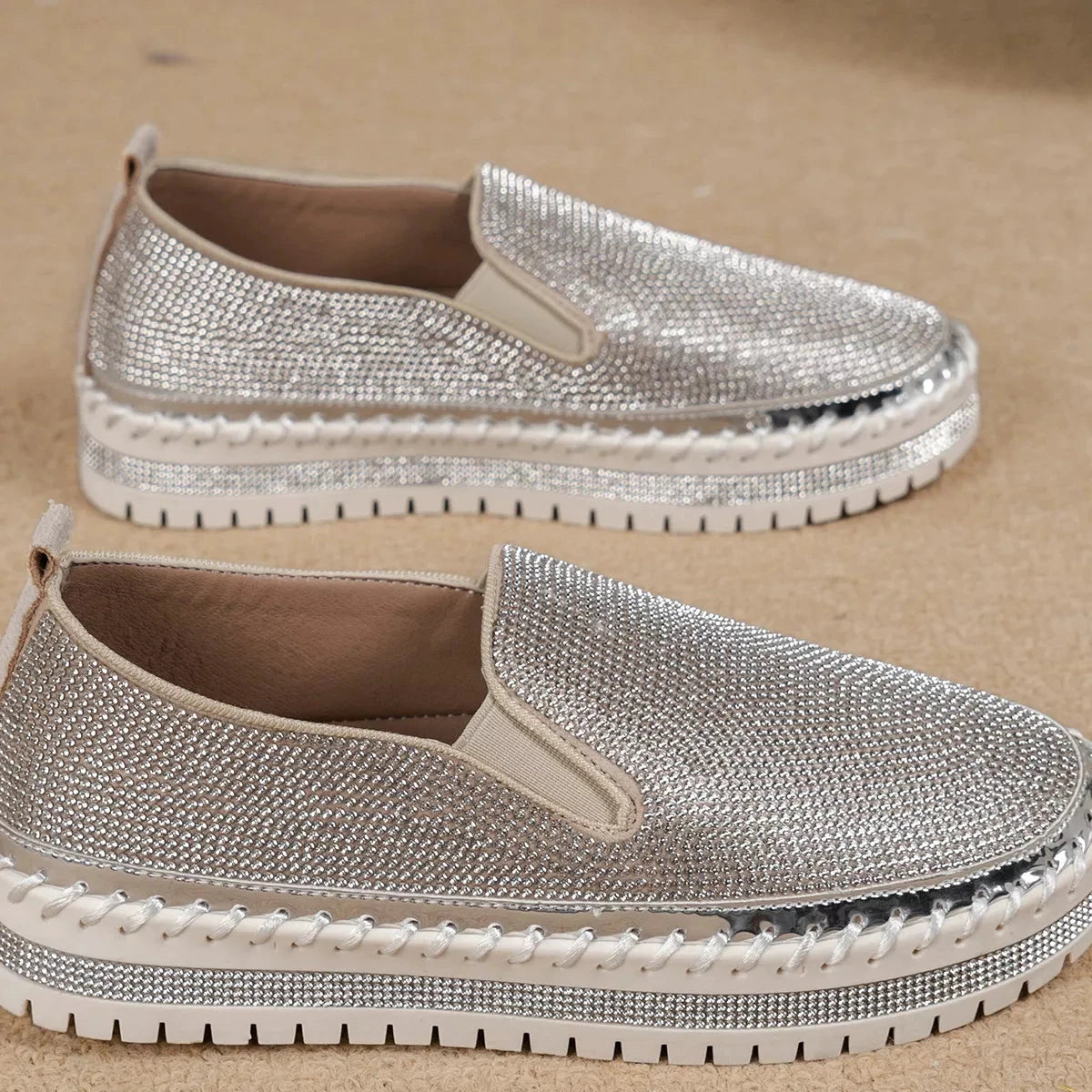 Rhinestone Round Toe Platform Loafers by Trendsi