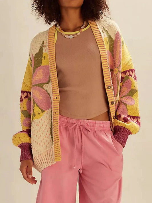 Floral Pattern Button Up Cardigan by Trendsi