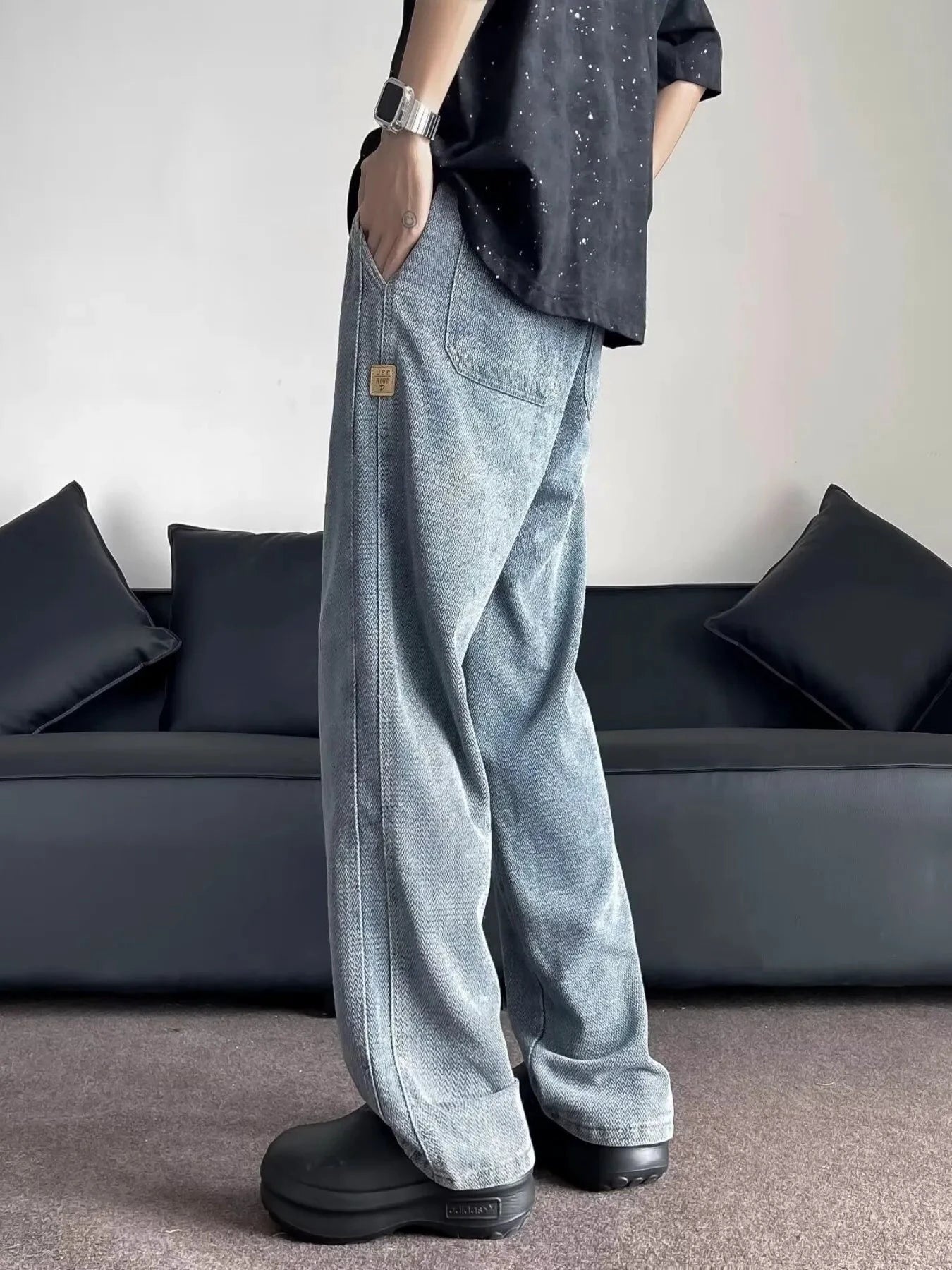 Men's Plus Size Drawstring Washed Wide Leg Jeans by Trendsi